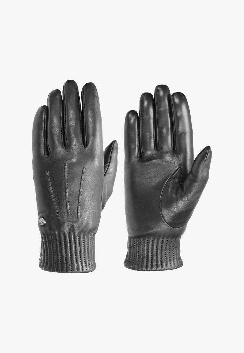 Juodi odiniai pirštinės su raukšlėmis ant riešo. Ypatybės apima tris dekoratyvinius siūlus ant nugaros ir mažą metalinį akcentą ant riešo.