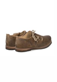 Brown leather shoes with a textured finish, round toe, and contrasting light brown laces. Features a brown rubber sole and stitching detail.