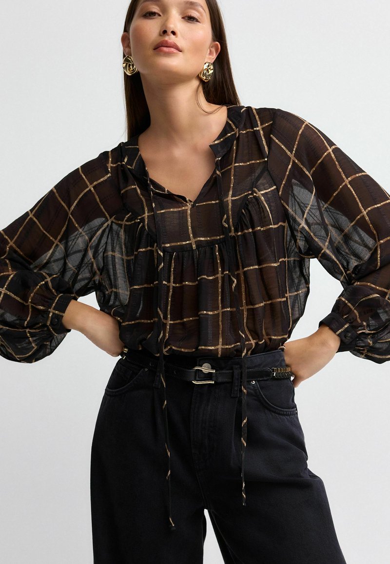 Next LONG SLEEVE TIE NECK - Blouse - black brown check