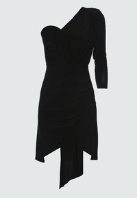 Svart klänning med en axel och lång ärm. Samlad textur vid bysten och asymmetrisk nederkant med draperingsdetaljer.
