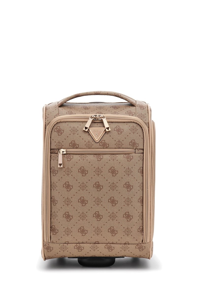 Valigia da viaggio morbida beige con motivo, maniglia superiore, tasca frontale con cerniera e doppie cerniere dorate sotto la placca del logo Guess.