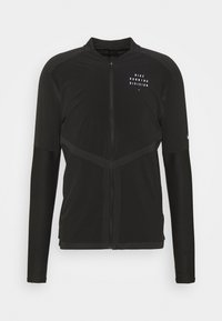 Zwarte langekoope zip-up Nike Running Division jack met gestructureerde stofpanelen en kleine witte logo-tekst op de borst en mouw.