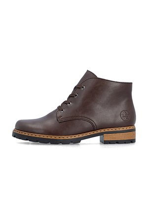 Brown leather ankle boot with lace-up front, stitched sole, rubber tread, and low stacked heel. Smooth finish with embossed leaf logo.