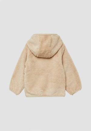 Beige capuchonjack van zacht, pluizig materiaal. Heeft een relaxed fit, lange mouwen en een soepele zoom.
