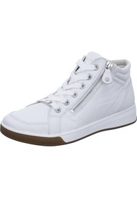 Weiße High-Top-Sneaker aus Leder mit strukturiertem Finish, ausgestattet mit einem seitlichen Reißverschluss, Schnürsenkeln und einer braunen Gummisohle.