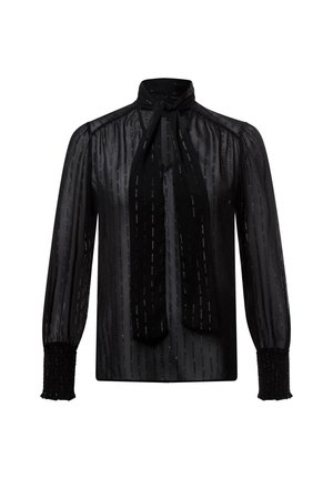 Black blouse with a high collar, long sleeves, and a tie detail. Sheer fabric features vertical stripes and textured cuffs.