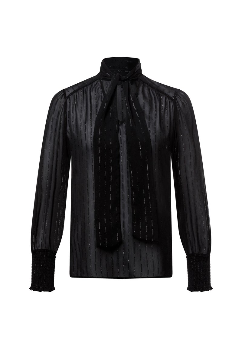 Black blouse with a high collar, long sleeves, and a tie detail. Sheer fabric features vertical stripes and textured cuffs.