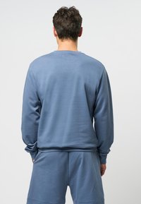 Blauwe katoenen sweatshirt met een ronde halslijn, lange mouwen en een ontspannen pasvorm. De stof heeft een gladde textuur en minimale details.
