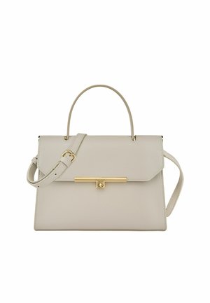 Béžová obdĺžniková kožená kabelka s horným držadlom, nastaviteľným ramenným popruhom a zlatým horizontálnym zapínaním na prednom preklope.