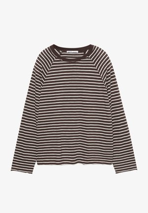 Majica s dugim rukavima s crno-bijelim vodoravnim prugama i okruglim izrezom, ravno položena na bijeloj pozadini.