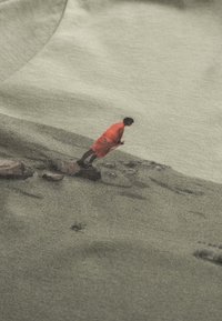 Maglietta grafica realizzata in morbido tessuto grigio con un design stampato che raffigura una figura in un vivido abbigliamento rosso su uno sfondo paesaggistico testurizzato.