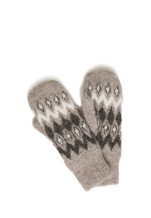 Paire de moufles en laine avec un motif géométrique de diamants gris, blanc et noir sur fond blanc.