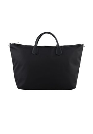 Grand sac cabas noir avec poignées courtes et fermeture éclair, conçu pour être porté à la main ou à l’épaule.