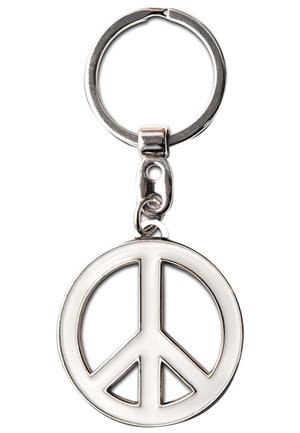 Silver keychain with a peace symbol, circular design, smooth surface, and metallic finish. Features a keyring for attachment.