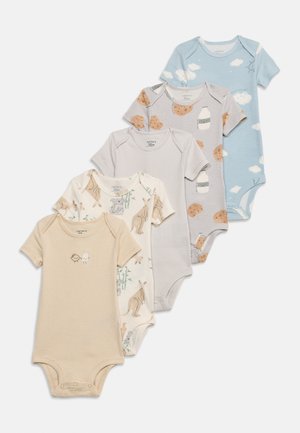 Five short-sleeve baby onesies featuring beige stripes, Australian animals, gray cookies and milk, gray stripes, and blue clouds and sun patterns.