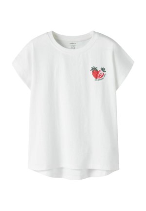 White cotton t-shirt with short, rolled sleeves. Features a printed design of two strawberries on the left chest. Straight hemline.