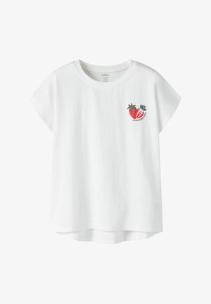 White cotton t-shirt with short, rolled sleeves. Features a printed design of two strawberries on the left chest. Straight hemline.