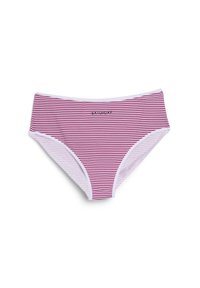 Red and white striped bikini bottom with a high-waisted design, featuring a white waistband and logo printed in black on the front.