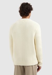 Man met krullend haar, gekleed in een crèmekleurige, gestructureerde trui en beige broek, gezien vanaf de achterkant tegen een effen achtergrond.