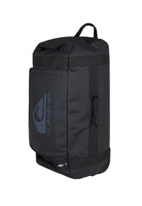 Black duffel bag with a rectangular shape, made of durable material. Features a front pocket, top handles, and side straps for easy carrying.