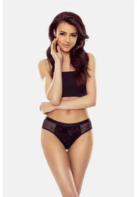 Schwarzes Bikiniset bestehend aus einem gerippten Crop-Top und transparenten, hochgeschnittenen Unterhosen mit floraler Stickerei auf der Vorderseite. Glatte Textur.