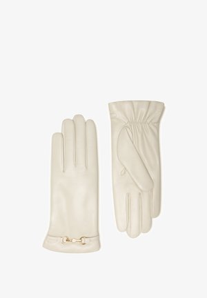 Cremfarbene Lederhandschuhe mit glatter Textur, ausgestattet mit einem gerafften Handgelenk und goldfarbigen Hardware-Details am Bund.
