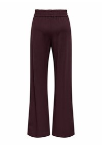 Burgunderfargede vide bukser med elastisk midjebånd. Laget av mykt stoff, med en jevn tekstur og uten synlige lukninger eller lommer.