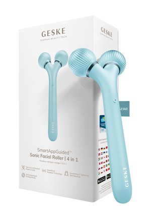 Lichtblauwe 4-in-1 sonische gezichtsroller met dubbele gestructureerde bollen, getoond met de witte verpakking die huidverzorgingskenmerken en app-integratie benadrukt.