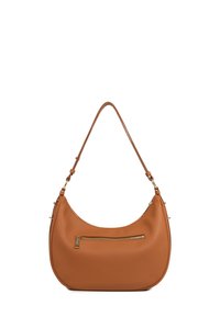 Sac en cuir brun avec une forme arrondie, une poche zippée plate sur le devant et une fine bandoulière avec des accessoires en ton doré.