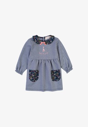 Abito blu con maniche lunghe, colletto floreale e due tasche decorative. Presenta dettagli ricamati e un accento di fiocco rosa.