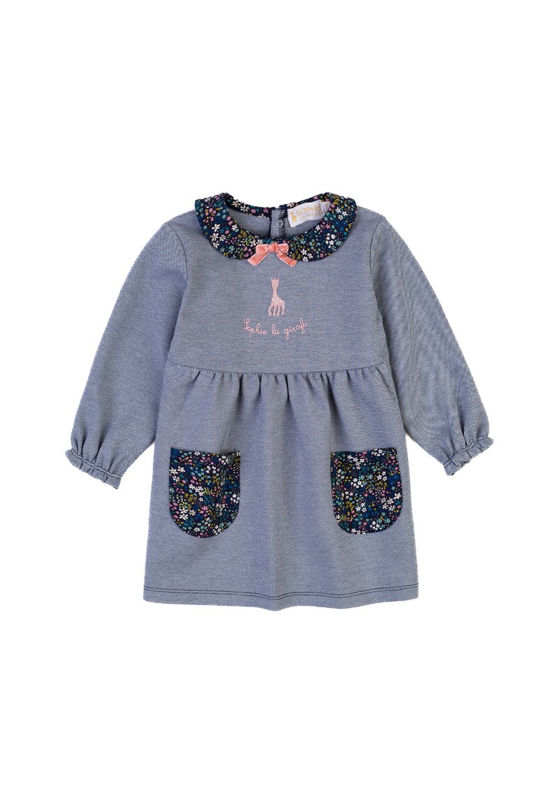 Blaues Kleid mit langen Ärmeln, einem blumigen Kragen und zwei dekorativen Taschen. Verfügt über bestickte Details und einen pinken Schleifenakzent.