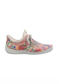 Bunt gefärbter Sneaker mit einem rosa Blumenmuster, leichtem Design, grauer Sohle, strukturiertem Stoff und grauen Schnürsenkeln mit einer seitlichen Reißverschlussdetail.