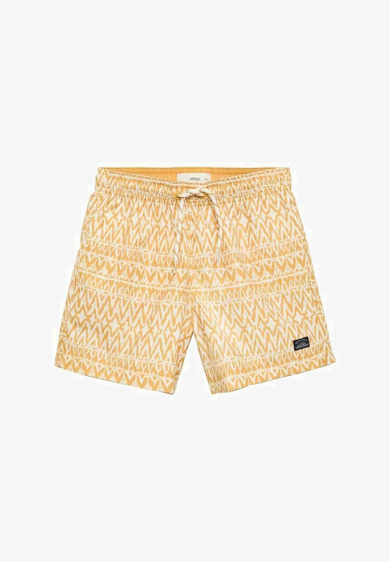 Žute kupaćice s uzorakom valova i bijelim detaljima, elastičnim pojasom i crnom logotipom na donjoj strani.