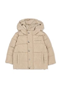 Giacca a vento beige con cappuccio, dotata di zip frontale, bottoni a pressione argento e due tasche laterali. Tessuto liscio e motivo cucito.