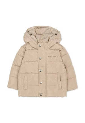 Giacca a vento beige con cappuccio, dotata di zip frontale, bottoni a pressione argento e due tasche laterali. Tessuto liscio e motivo cucito.