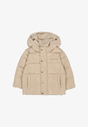 Giacca a vento beige con cappuccio, dotata di zip frontale, bottoni a pressione argento e due tasche laterali. Tessuto liscio e motivo cucito.