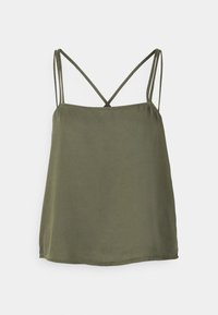 Camisola verde-azeitona com alças finas e design entrelaçado nas costas. Feita de um tecido suave e leve, com uma forma não estruturada.