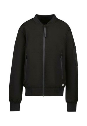 Veste bomber noire avec une fermeture éclair à l'avant, un col côtelé et des poignets côtelés. Dispose de trois poches zippées et d'un tissu lisse avec une finition mate.