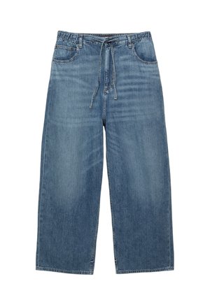 Helle blaue, weite Jeanshose mit elastischem Bund und Kordelzug, ausgestattet mit Fronttaschen und einem mittelblauen Waschfinish.