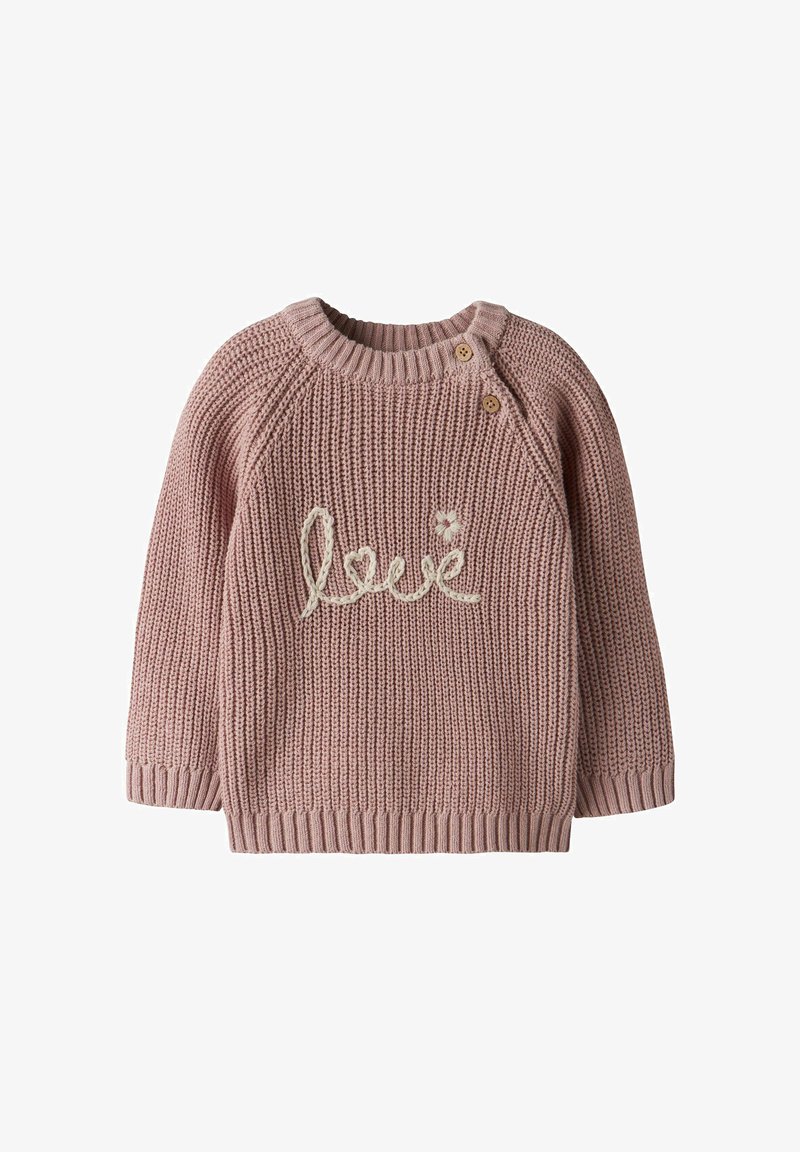 Pull en tricot rose avec un col rond, ornée de boutons en bois et d'un design brodé "love" avec une fleur en accent sur le devant.