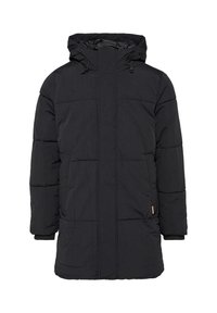 Langer schwarzer Pufferjacke mit Kapuze, ausgestattet mit gesteppten Abschnitten und elastischen Bündchen. Beinhaltet Vorderstaschen und einen Zugmechanismus für eine verstellbare Passform.