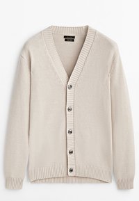 Cardigan beige en maille avec col en V, col côtelé et poignets. Dispose d'une fermeture à six boutons avec des boutons foncés et d'un ourlet droit.