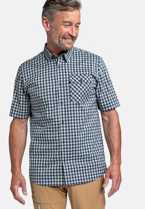Kurzärmliges Button-Up-Hemd im navy- und weißen Karomuster, mit einer Brusttasche und abgerundetem Saum. Aus leichtem Stoff gefertigt.