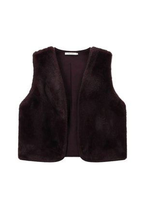 Donkerbruine mouwloze faux fur-vest met een open voorkant en een gladde binnenvoering, plat liggend tegen een witte achtergrond.