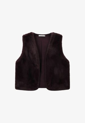 Donkerbruine mouwloze faux fur-vest met een open voorkant en een gladde binnenvoering, plat liggend tegen een witte achtergrond.