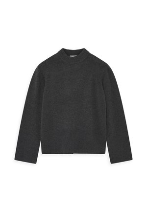 Temno siva pletena jopica z visokim ovratnikom, dolgimi rokavi ter rebrastimi manšetami in robom. Gladka tekstura in minimalističen dizajn.