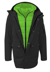 Černá vnější bunda se zelenou izolovanou vnitřní podšívkou, obsahující plný zip, patentky a několik kapes. Hladká textilie.