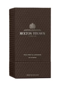 Braune Texturbox mit kreisförmigen Mustern, versehen mit silberner Schrift, die "Molton Brown", "Wildmint & Lavandin" und "Eau de Parfum" angibt.