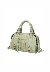 Borsa a tracolla verde in suede con manici intrecciati, borchie in metallo, una tasca con zip e nappine laterali. Presenta un design strutturato e texture variegate.