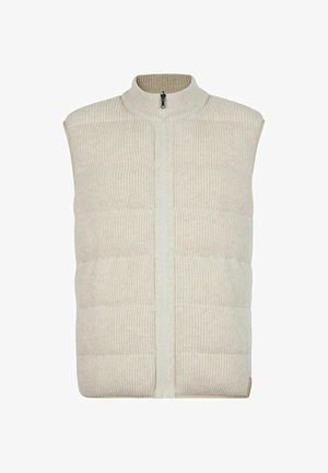 Vest met een hoge geribbelde kraag en een voorrits, gemaakt van een gestructureerde, lichtbeige stof met horizontaal gecapitonneerde secties.